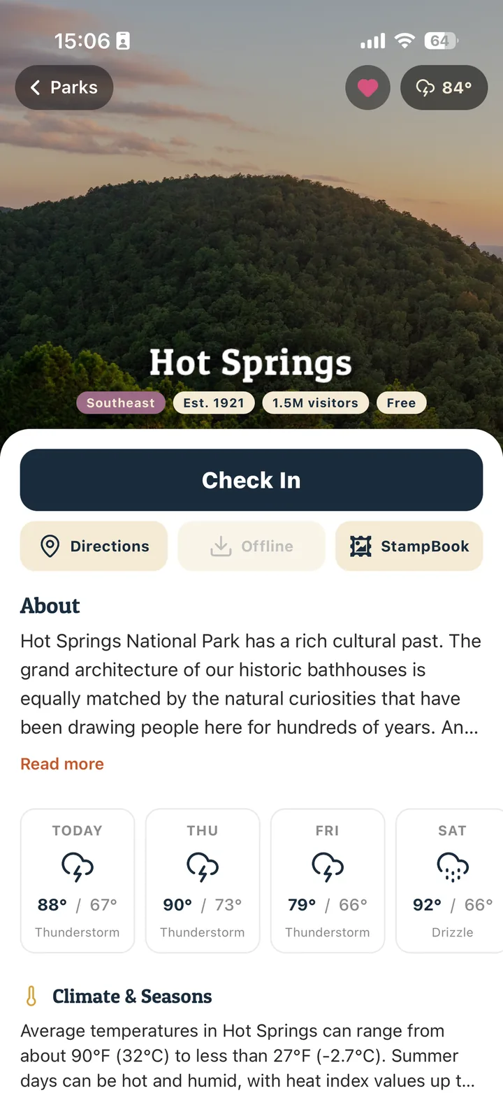 ParkStamp park screen with a Check In button to stamp a national park on arrival