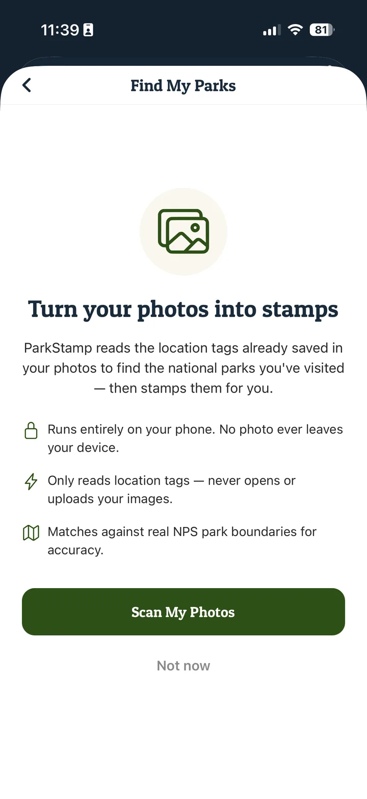ParkStamp Find My Parks screen — Turn your photos into stamps, scanning photo location tags for visited national parks