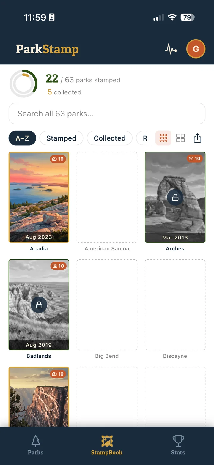 ParkStamp StampBook screen showing collection rings and a grid of stamped and collected national park art